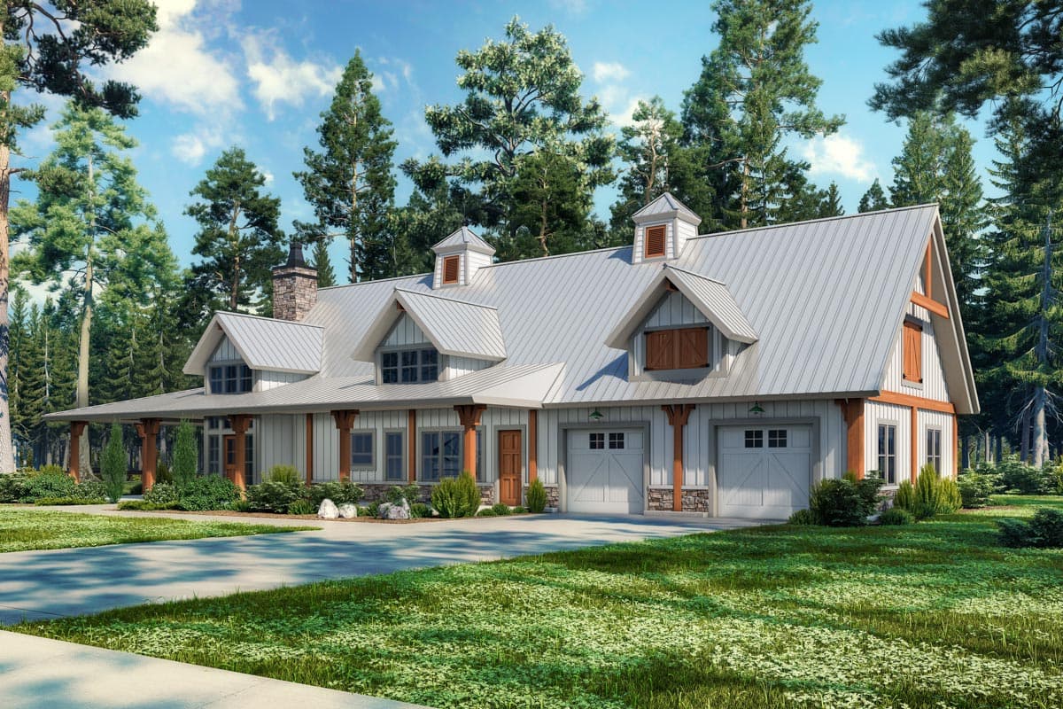 Modern Farmhouse house plan exterior with a wraparound porch, metal roof, multiple gables, dormers, and a side-entry three-car garage.