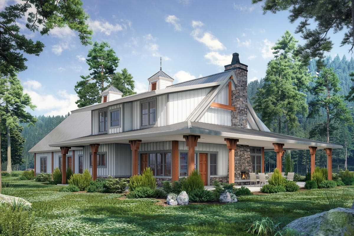 Modern farmhouse house plan exterior with wrap-around porch, metal roof, stone chimney, and two dormers.