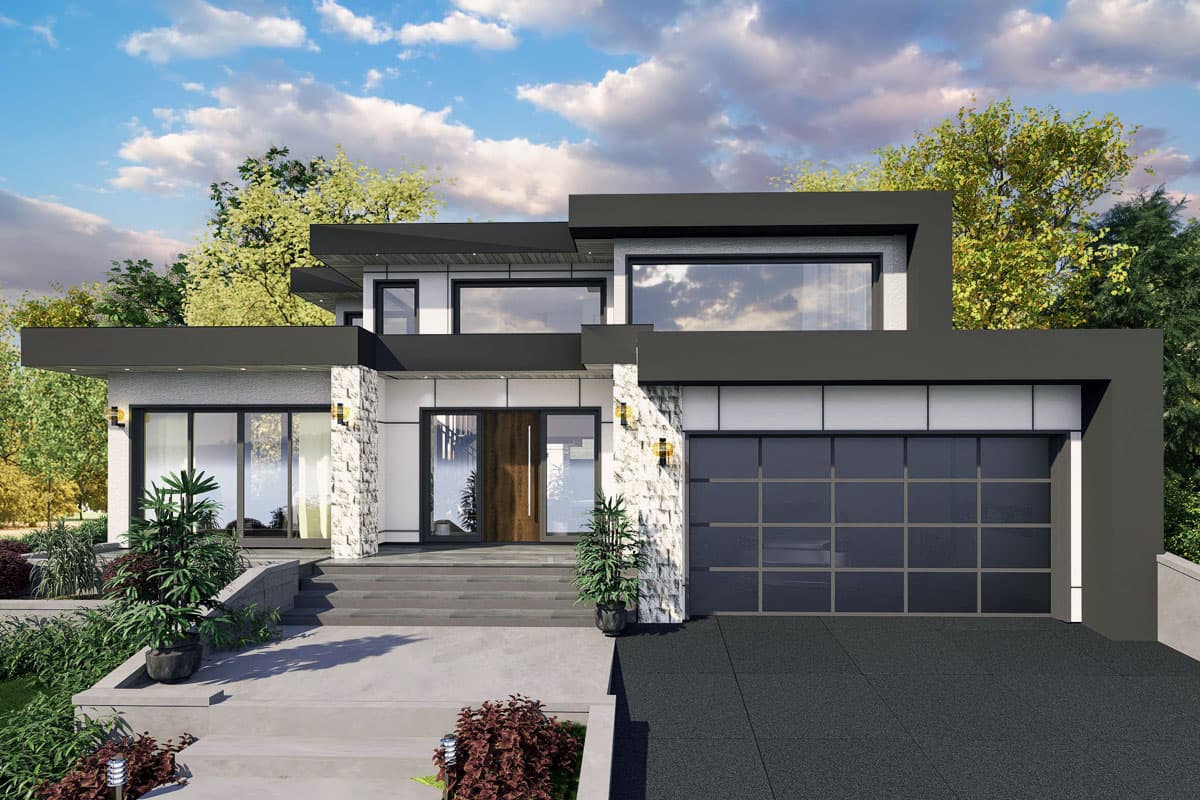 House plan exterior. Modern style, single-story home with flat roof, recessed entry, and attached garage. Stone veneer accents and large windows.
