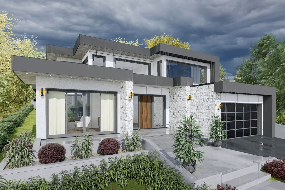 Modern house plan exterior: two stories, cantilevered rooflines, stone facade, large windows, and glass garage door.