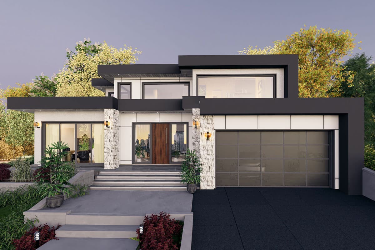 Modern house plan exterior with flat rooflines, cantilevered elements, stone column accents, large windows, and a glass garage door.
