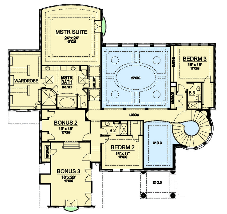 Plan 36213TX: Turreted Stair Greets Guests - Floor Plan - Second Level - European, Tuscan