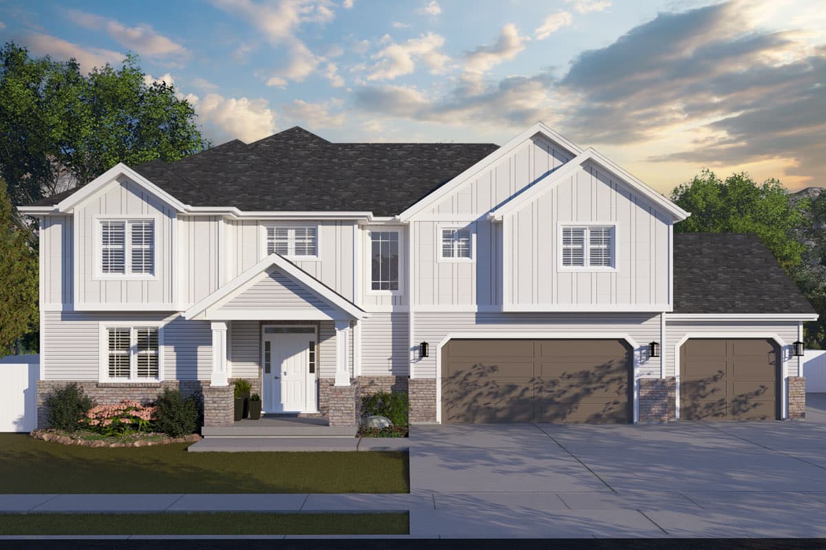 House plan exterior. Two-story, farmhouse-style home with front-facing gables, a covered porch, and a three-car garage.