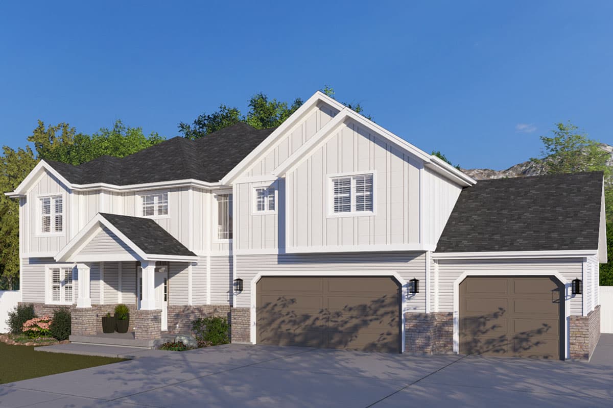 House plan exterior: Two-story Modern Farmhouse with a covered porch, board-and-batten siding, and a three-car garage.