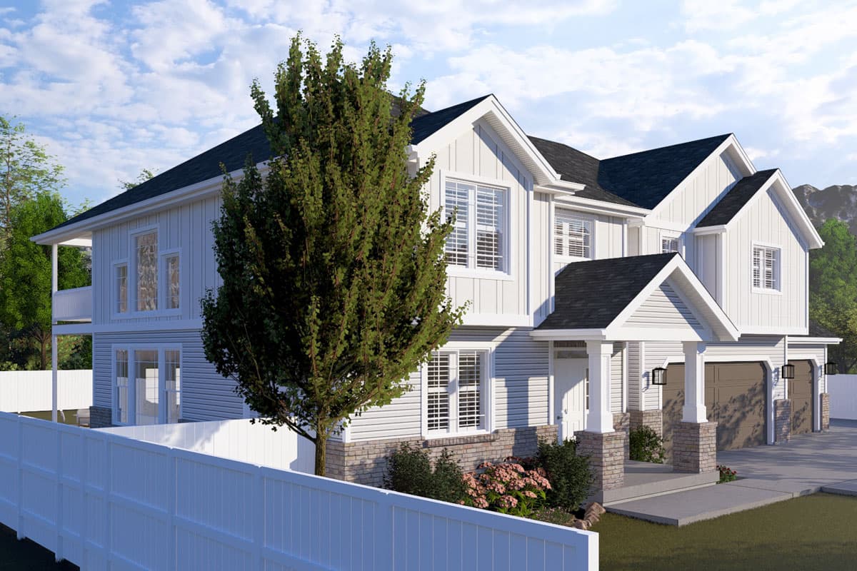 House plan exterior: Two-story home with vertical siding, gabled dormers, covered entry with stone pillars, and a three-car garage.