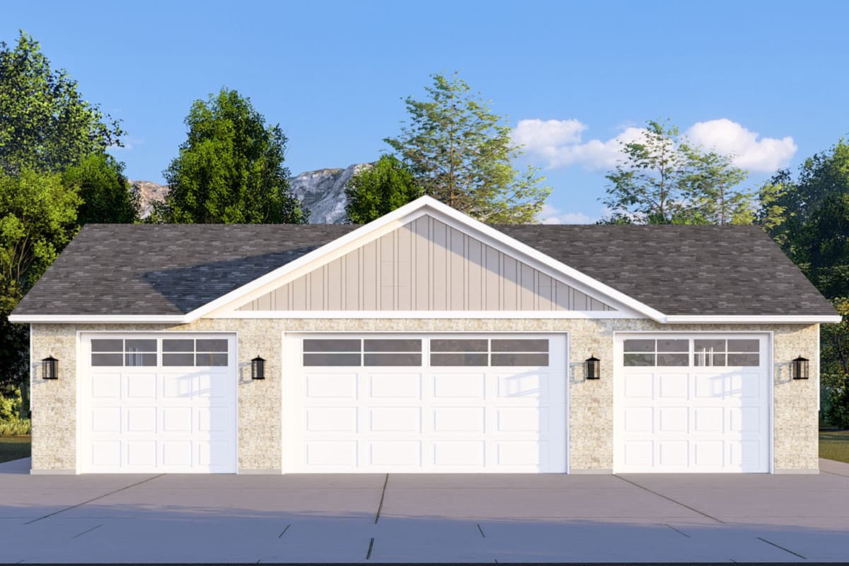 House plan exterior with a three-car garage, stone veneer, and gable detailing.
