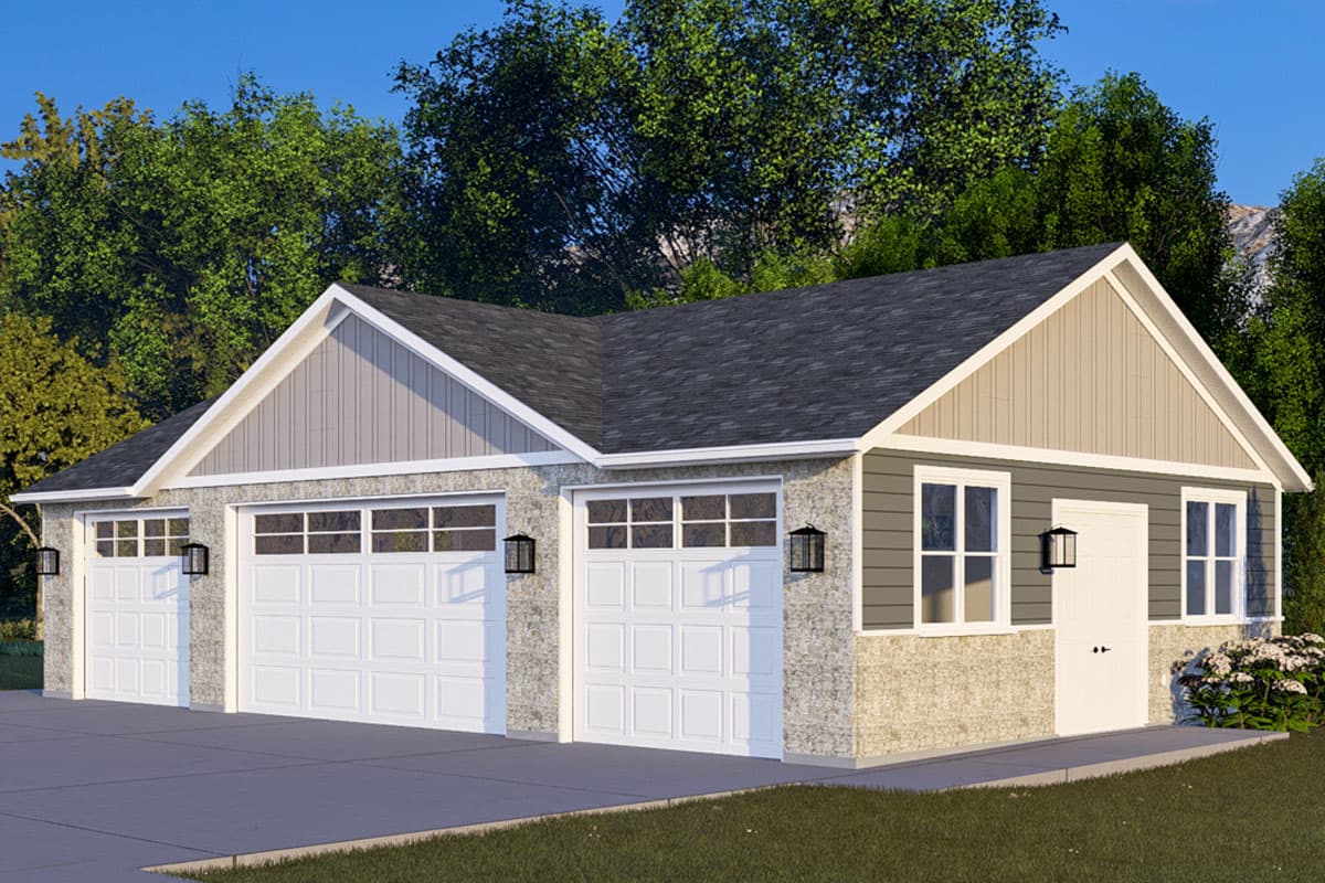 House plan exterior: Three-bay garage with stone and shingle siding, multiple gables, and paneled garage doors.