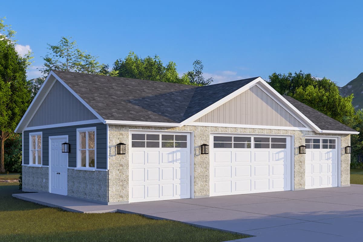 House plan exterior with gable roof, stone facade, and three-car garage. Features a side entry door and black light fixtures above garage doors.