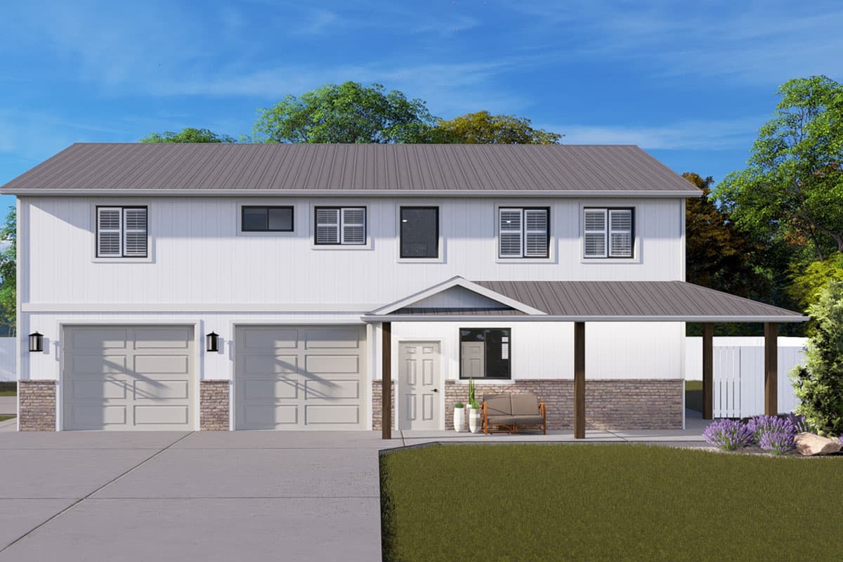 House plan exterior. Two-story Modern Farmhouse with a metal roof and covered porch. Features include a two-car garage and vertical siding.
