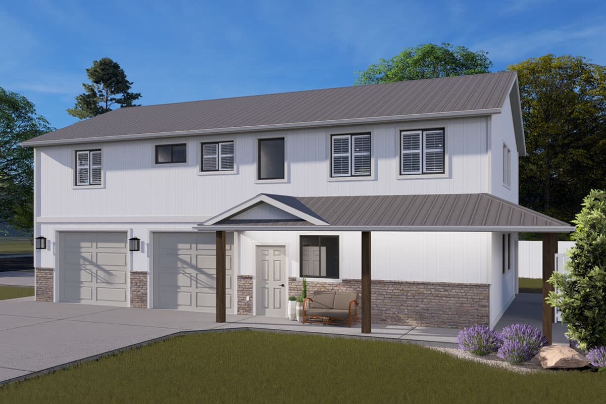 Two-story house plan exterior with two-car garage, covered entry porch with stone base, and standing seam metal roof.