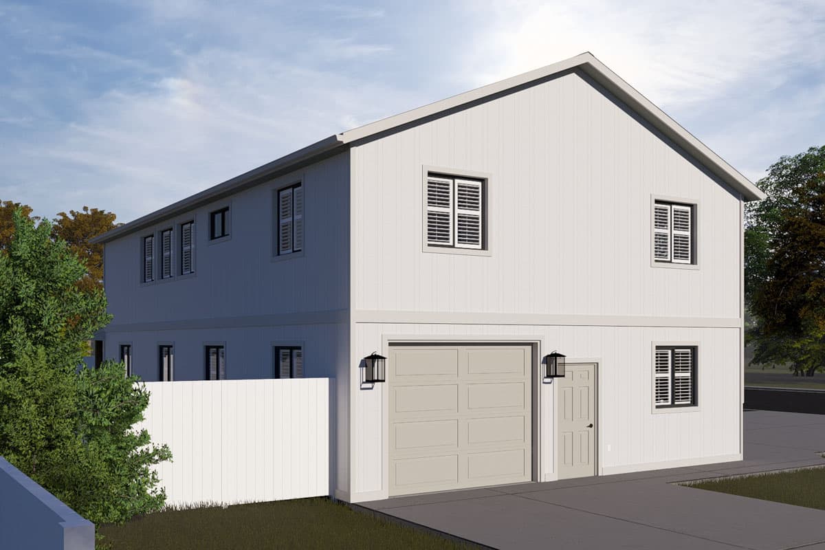 House plan exterior: Two-story home with a prominent gable roof, vertical siding, a two-car garage, and multiple windows.