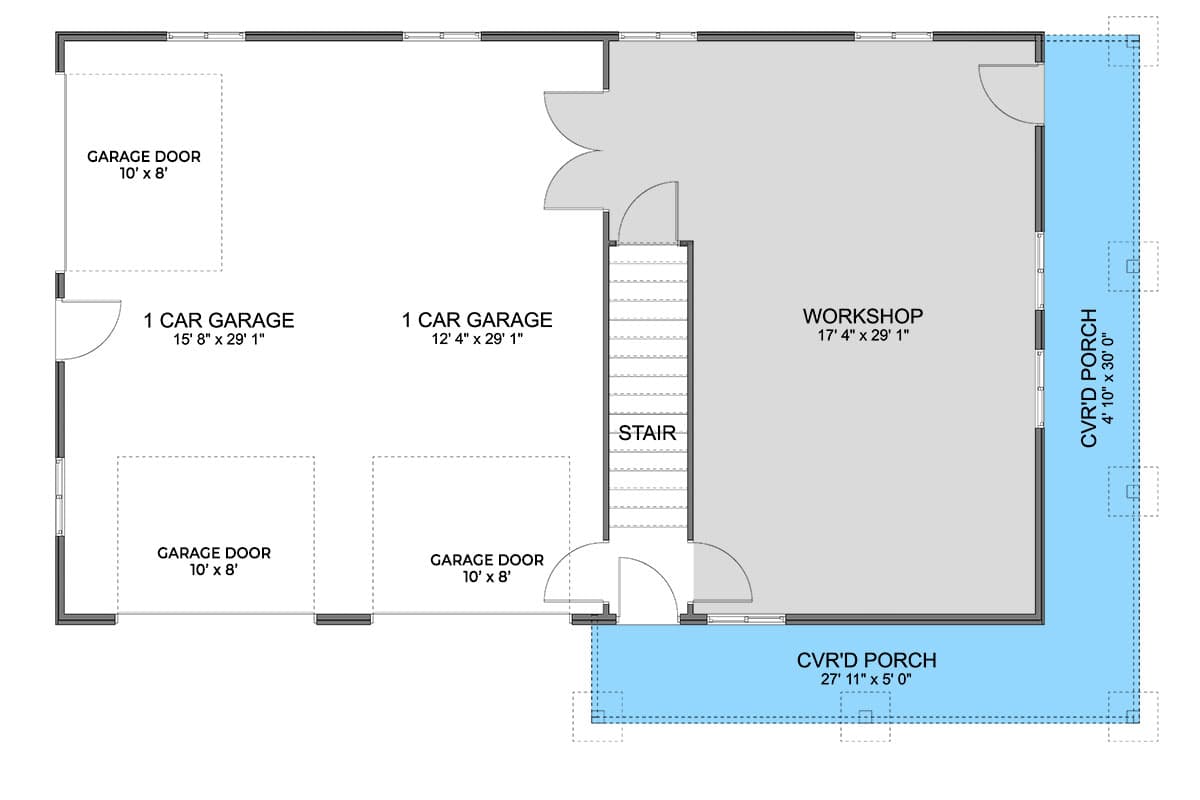 Plan 61504UT: 2 Bed Barndominium-style Home Plan with Oversized Workshop - 1488 Sq Ft - Floor Plan - Main Level - Barndominium, Country, New American
