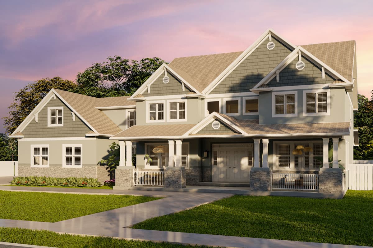 House plan exterior. Two-story home with a gabled roof, front porch with stone columns, and multiple dormers with decorative accents.