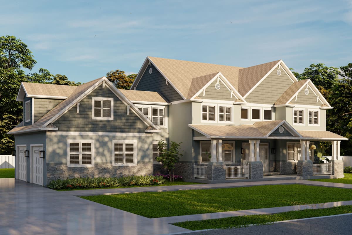 Modern Farmhouse style house plan exterior with a large wrap-around porch, multiple gables, and a three-car garage.