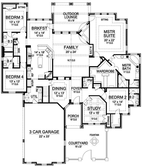 Plan 36226TX: One Story Luxury with Bonus Room Above - Floor Plan - Main Level - European