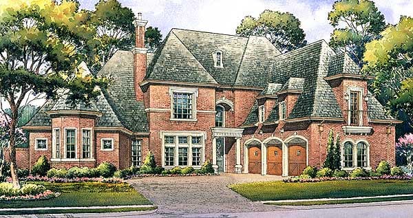 House plan exterior rendering: Brick two-story home with multiple gables, dormers, porte-cochère, and a three-bay garage.