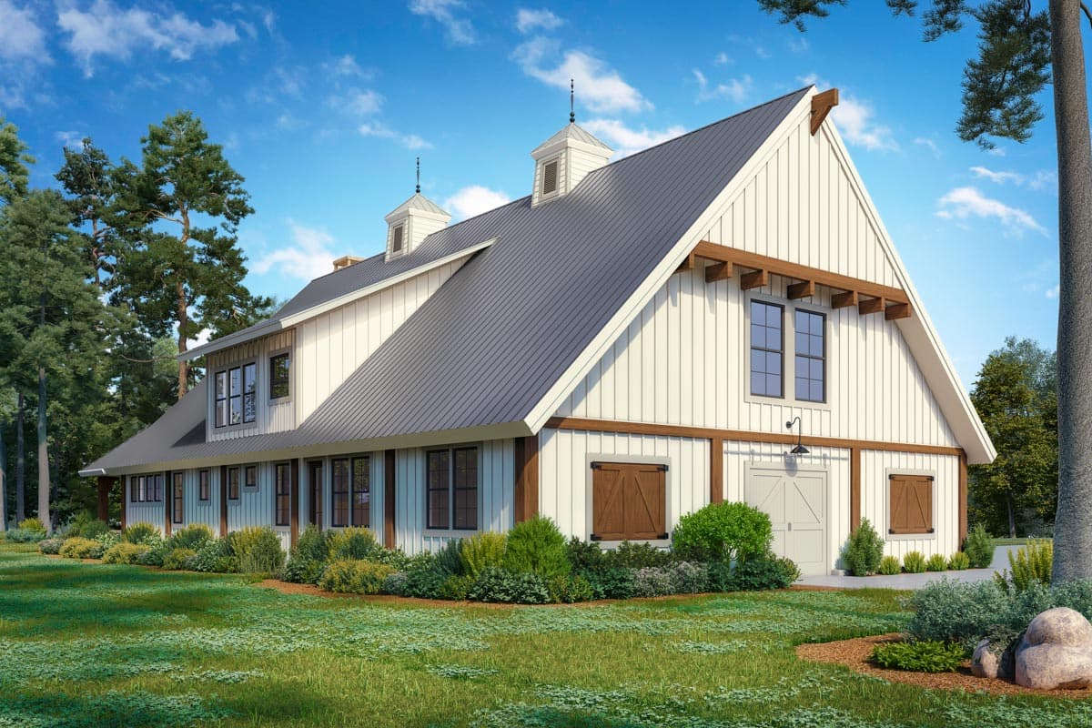 House plan exterior: Modern Farmhouse style, two stories, white board-and-batten siding, metal roof, prominent gables, cupolas, and wooden accents.