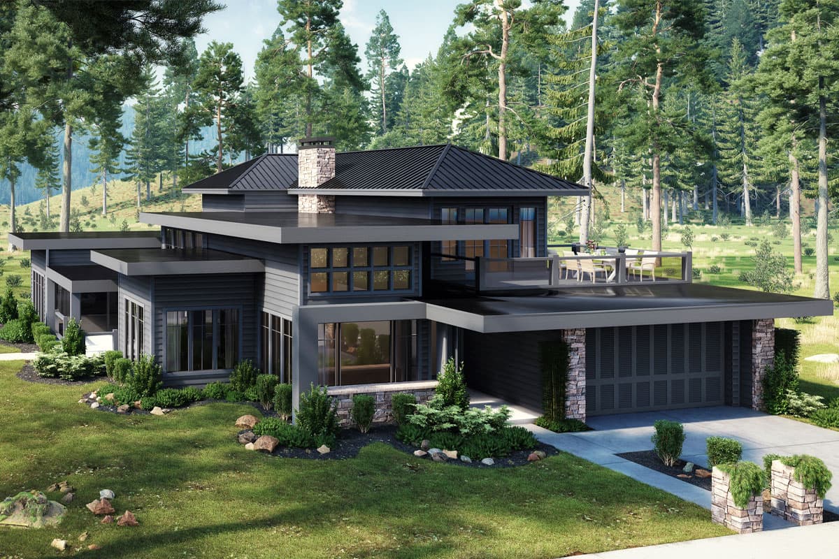House plan exterior featuring a two-story modern design with a flat roof, stone chimney, and attached garage. Includes a second-story deck.