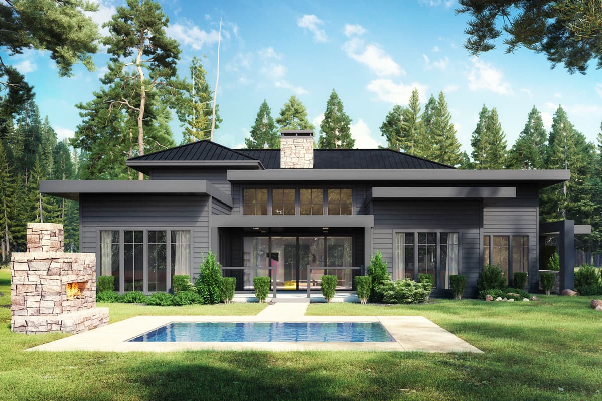 Modern house plan exterior with stone chimney, flat roof, large windows, and an attached pool.