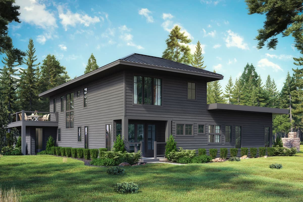 Modern two-story house plan exterior with flat roof, horizontal siding, large windows, and a wraparound deck.