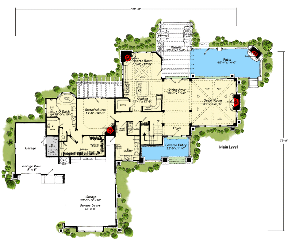 Plan 12981KN: Two-Story Home Plan with Hearth Room and a Home Office Above - 3578 Sq Ft - Floor Plan - Main Level - Craftsman, Mountain