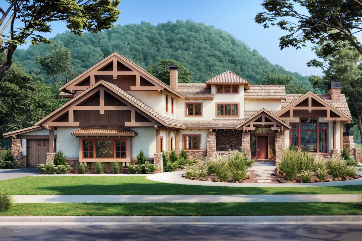 Craftsman-style house plan exterior. Features include gabled rooflines, exposed rafter tails, stone accents, and a covered entry porch. Two stories.
