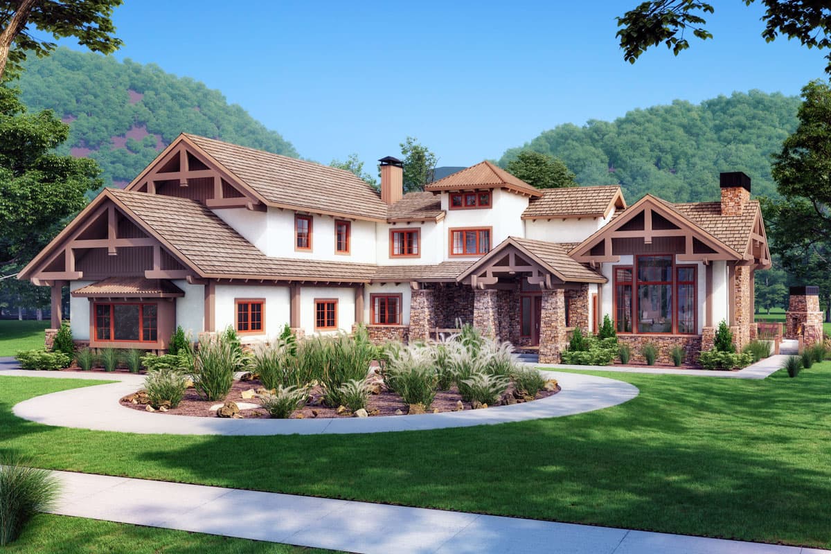 House plan exterior: Craftsman style, 2 stories, stone accents, deep eaves, covered entry, and gabled dormers.