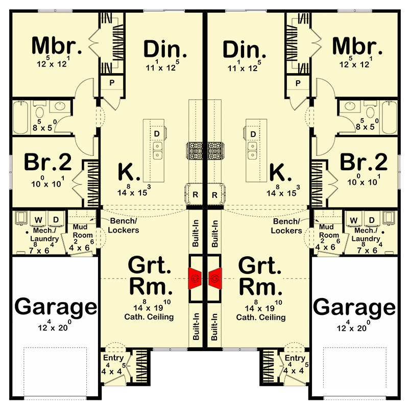 Plan 623358DJ: 2-Bed Modern Cottage Duplex with Symmetrical Units - 1231 Sq Ft - Floor Plan - Main Level - Cottage, Country, Modern, New American, Traditional
