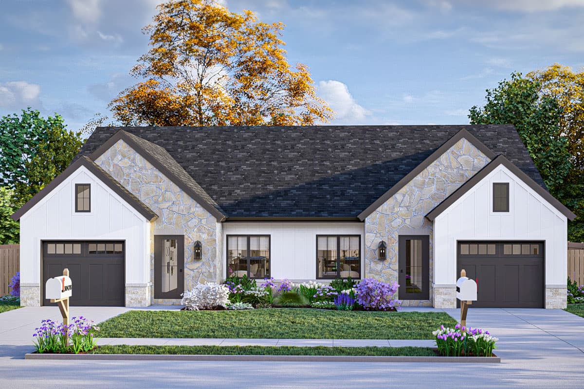 House plan exterior. Modern farmhouse style with stone accents. Features include gable rooflines, two garage doors, and small window details.