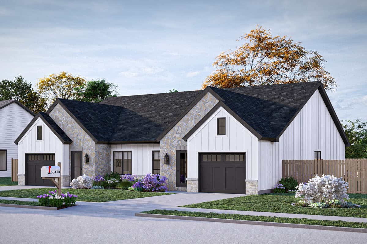 Modern Farmhouse house plan exterior, one story, with stone accents, white board and batten siding, gables, and attached garage.