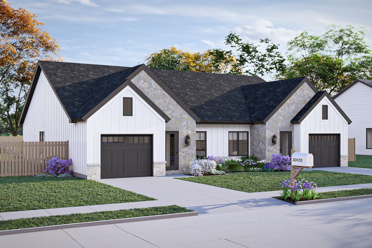 Modern Farmhouse house plan exterior with stone accents, two garages, and gabled dormers.