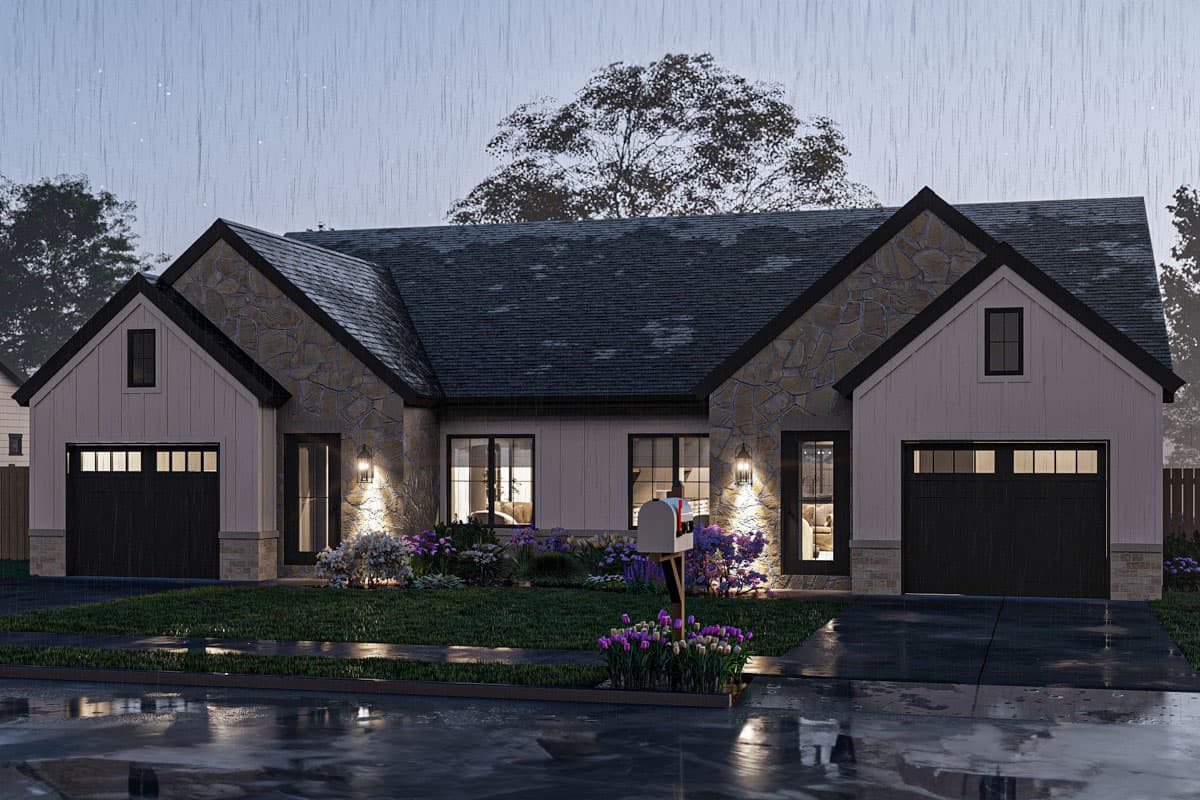 House plan exterior: Modern Farmhouse style, one story, with stone accents, side-entry garages, and prominent gables.