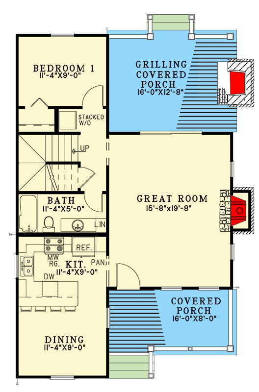 Plan 70885MK: Country Cabin House Plan with Upstairs Owners Suite and Outdoor Fireplace - 1266 Sq Ft - Floor Plan - Main Level - Cabin, Country, Craftsman, Rustic