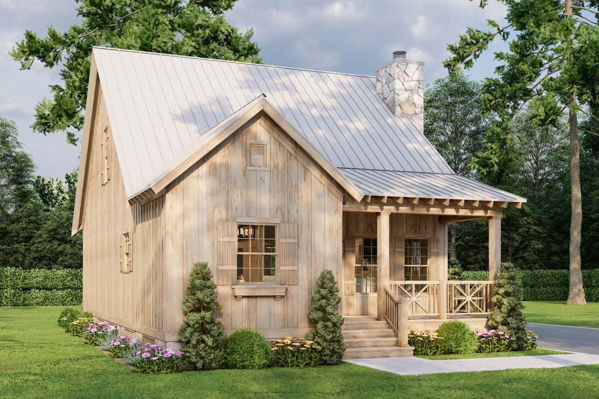 Cottage style house plan exterior with wood siding, metal roof, stone chimney, and covered porch with X-braced railing.