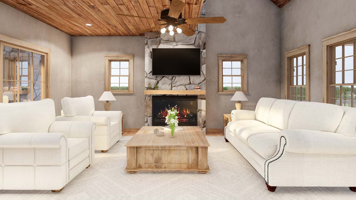 Plan 70885MK: Country Cabin House Plan with Upstairs Owners Suite and Outdoor Fireplace - 1266 Sq Ft - Image #4 - Cabin, Country, Craftsman, Rustic