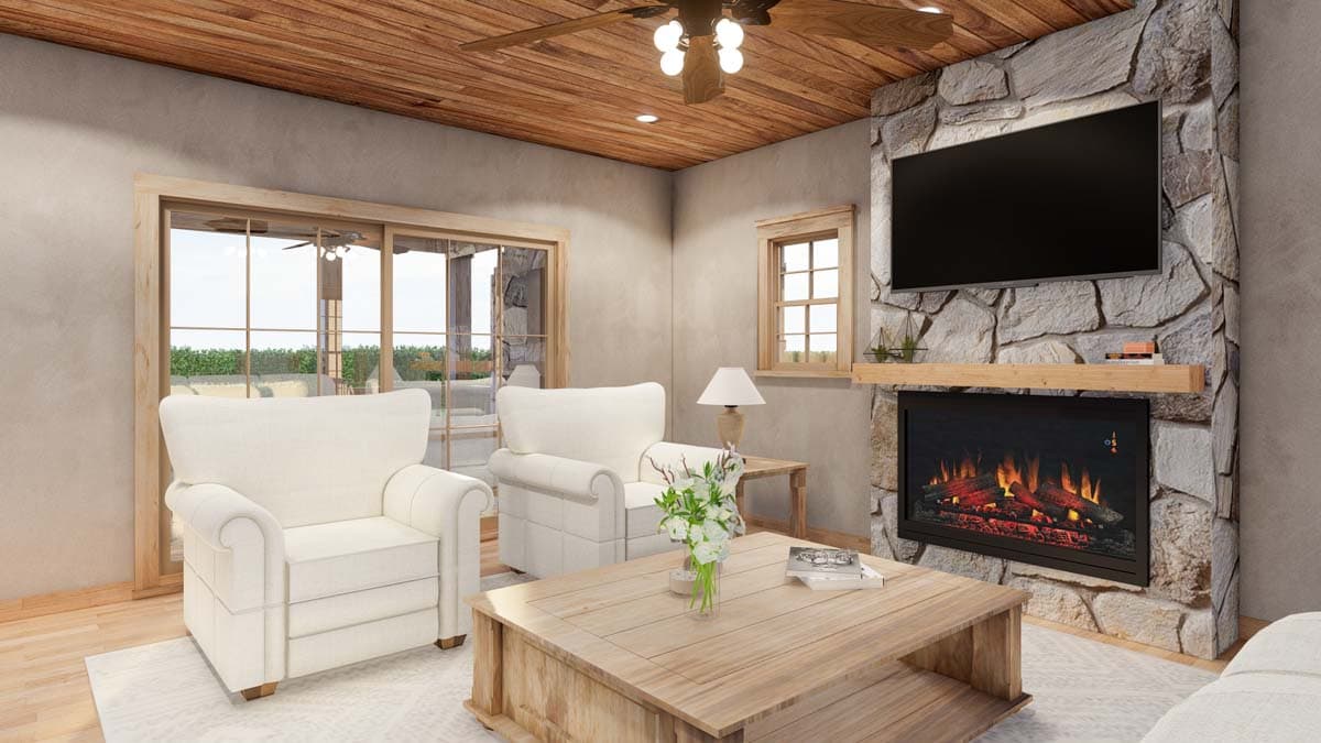 Plan 70885MK: Country Cabin House Plan with Upstairs Owners Suite and Outdoor Fireplace - 1266 Sq Ft - Image #6 - Cabin, Country, Craftsman, Rustic