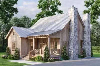 Country Cabin House Plan with Upstairs Owners Suite and Outdoor Fireplace - 1266 Sq Ft