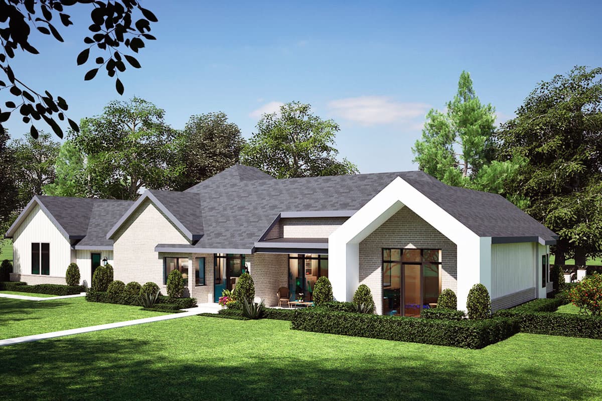 House plan exterior: Modern style, single-story with asymmetrical rooflines, prominent gables, brick and siding facade, and covered patio.