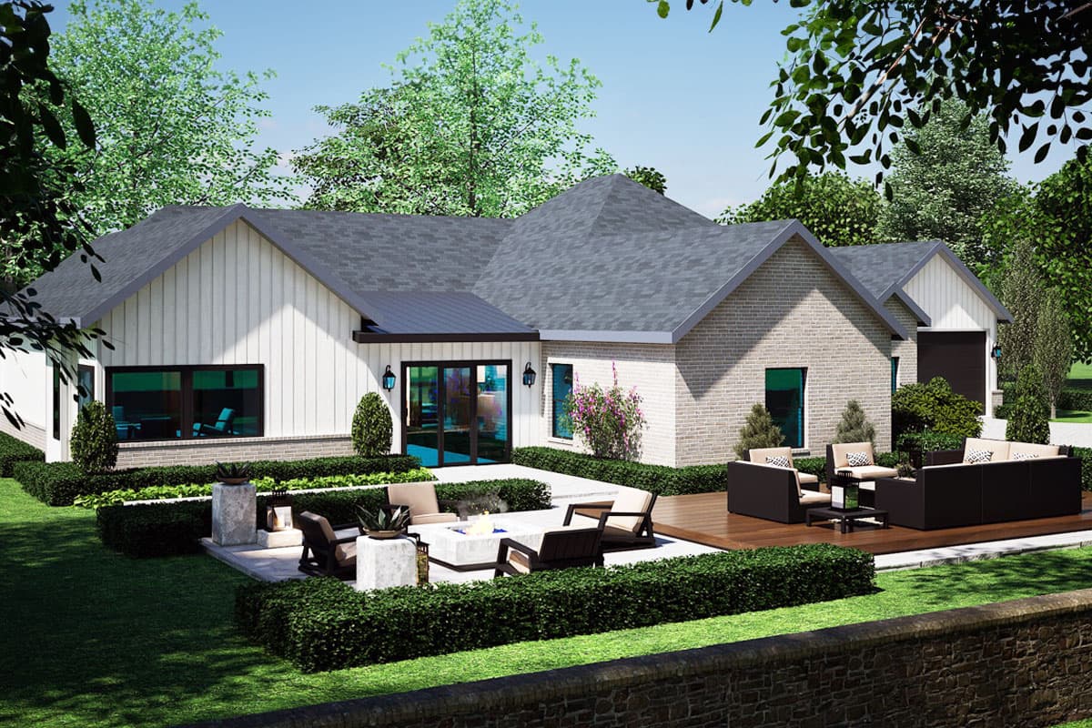 House plan exterior: One-story Modern Farmhouse with board-and-batten siding, brick accents, and a multi-gabled roof.