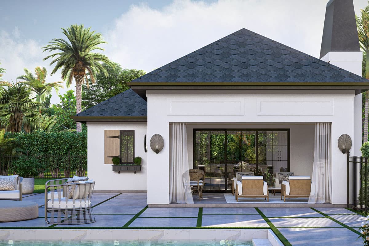 House plan exterior: one-story modern design with a prominent gabled roof, large sliding glass doors, and decorative window shutters.