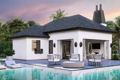 Mediterranean Style Pool House with Outdoor Fireplace