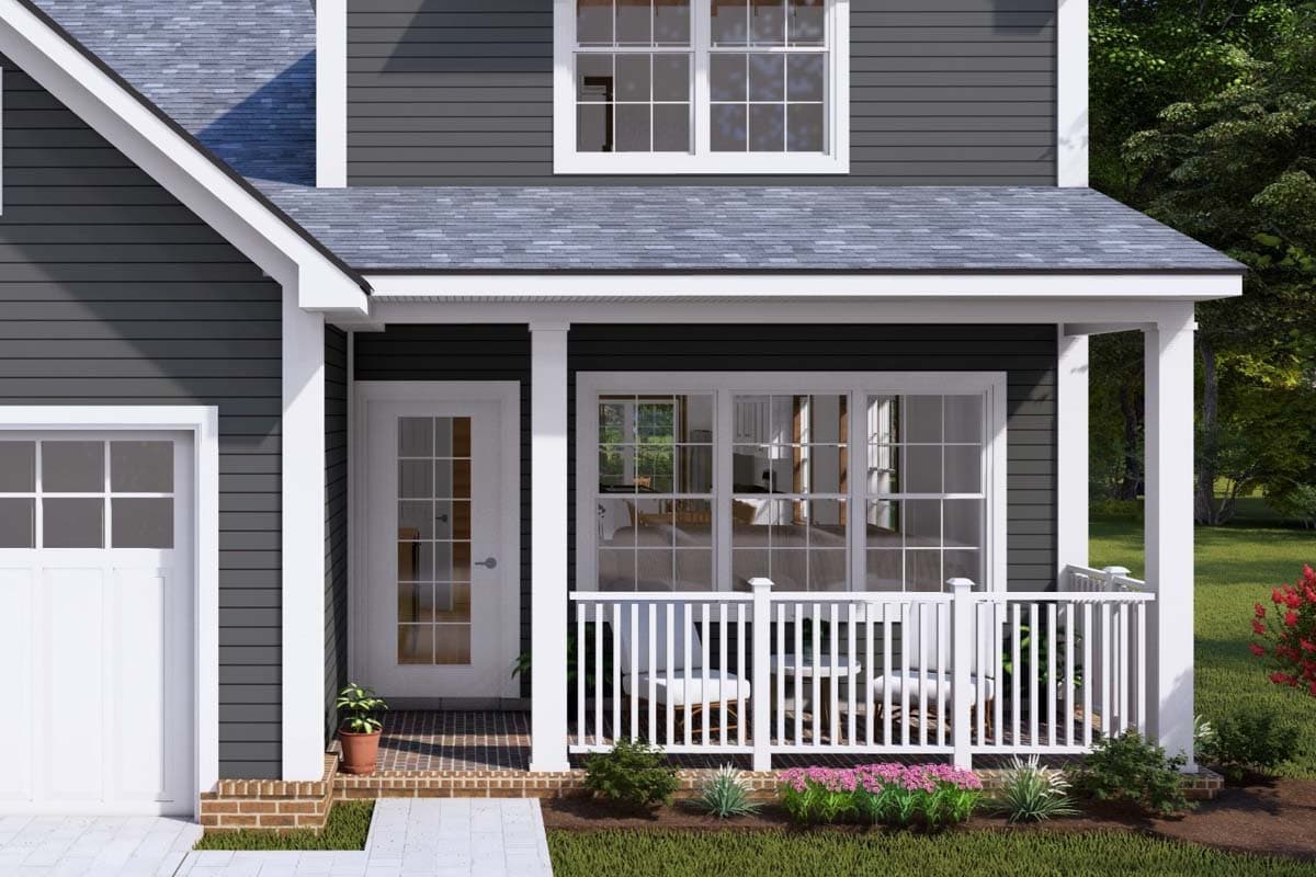 House plan exterior with siding, gabled roof, front porch, and garage.