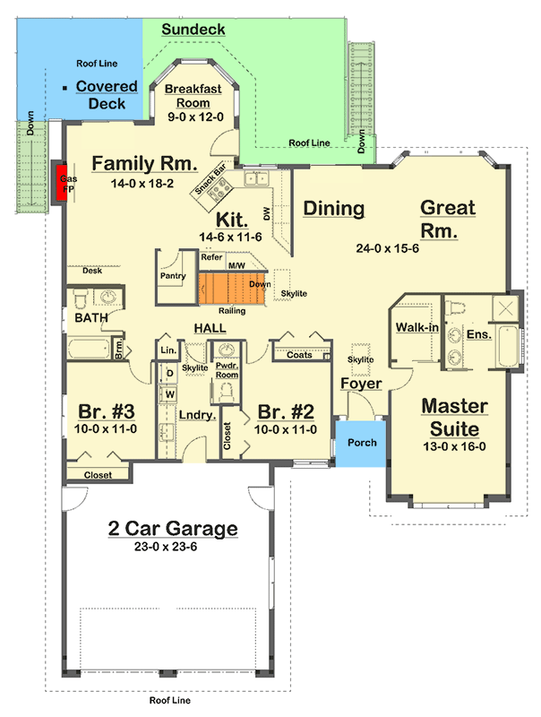 Plan 67824MG: 3-Bed Ranch Home Plan with Breakfast Nook and Sundeck - 1980 Sq Ft - Floor Plan - Main Level - Country, Ranch, Traditional