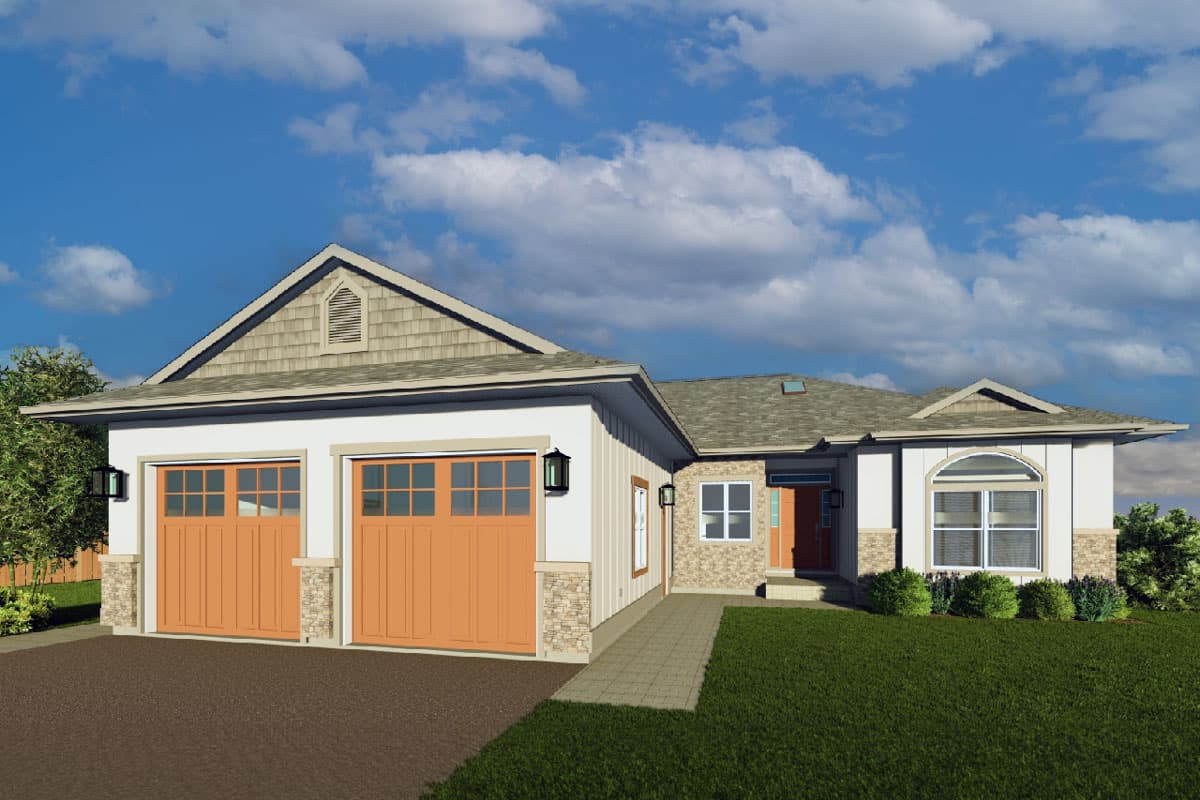 House plan exterior with two-car garage, multiple gables, and stone accents. One story home with a combination of siding and brick facade.