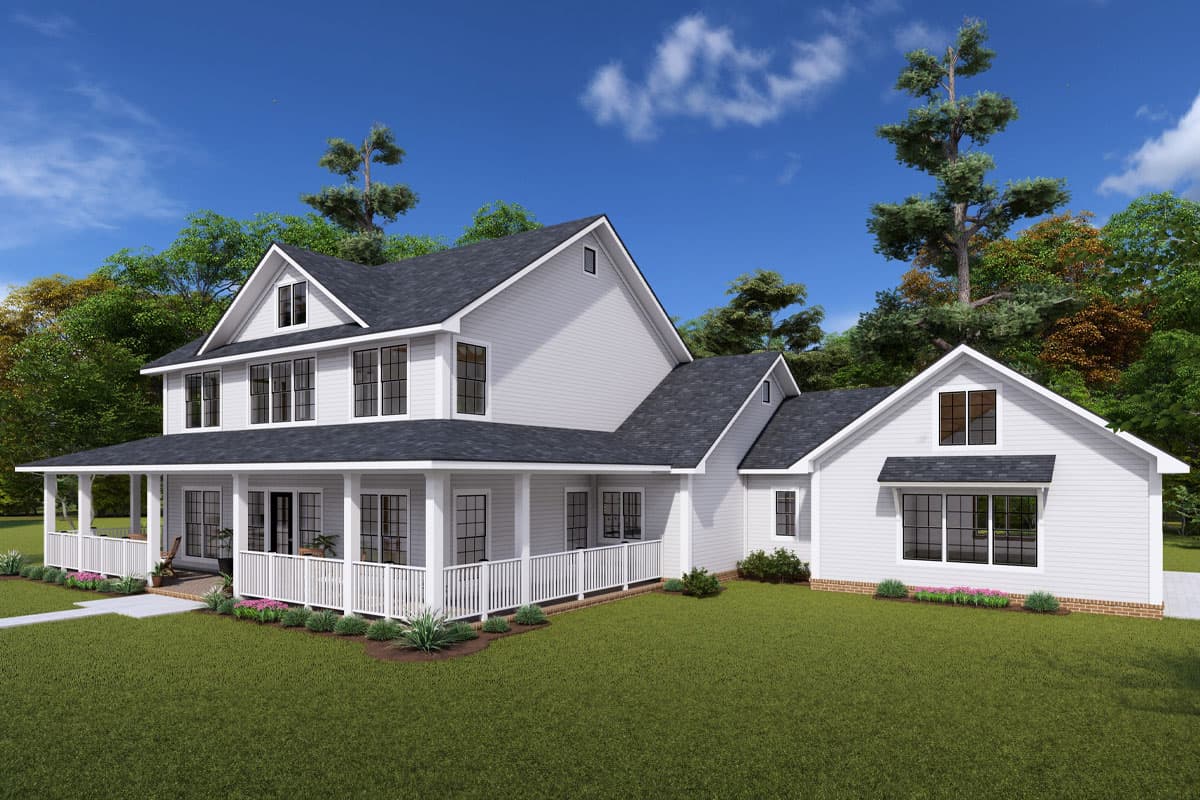 House plan exterior of a two-story Modern Farmhouse with a wraparound porch, multiple gables, and dormer windows.