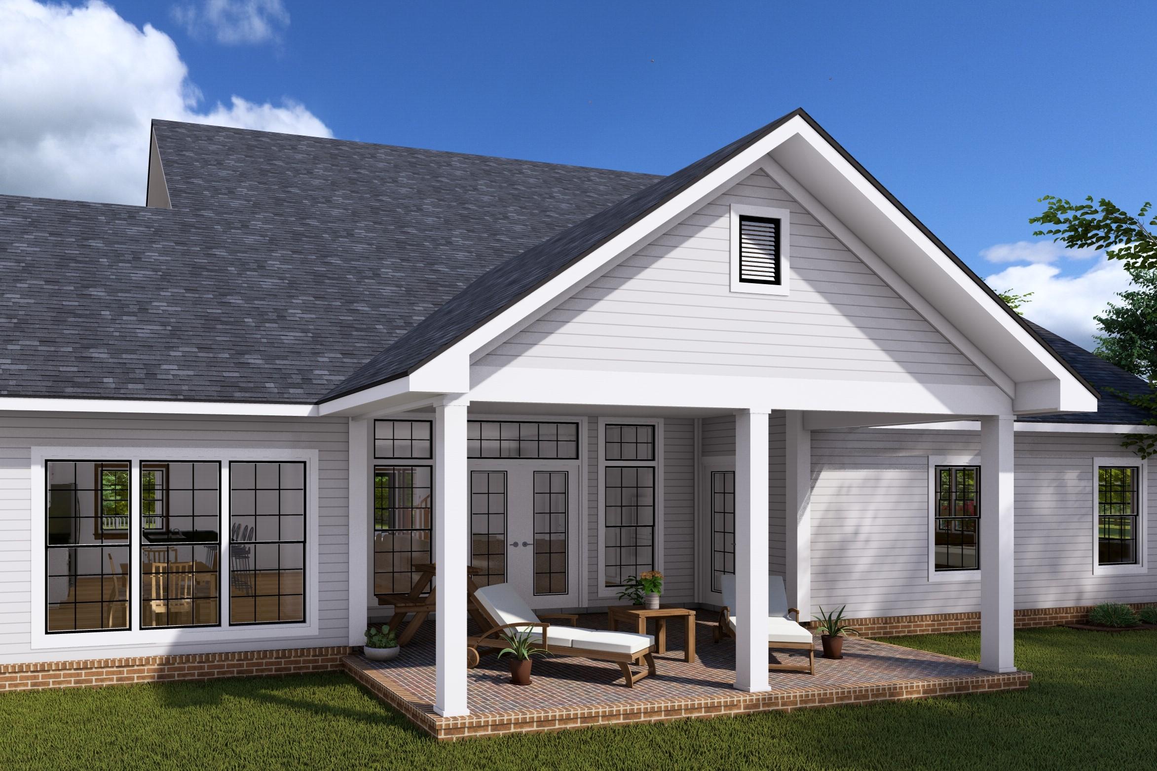House plan exterior: single-story home with covered patio, french doors, large windows, and a gable dormer.