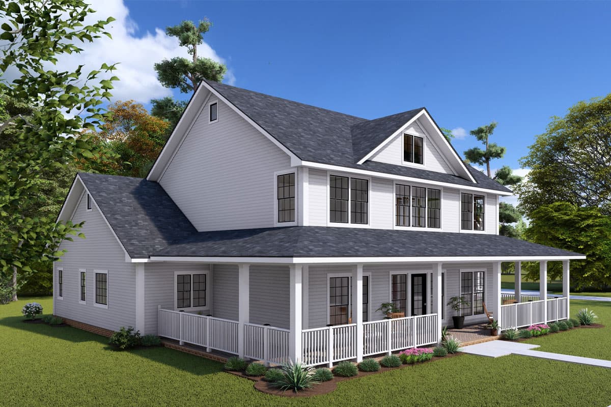 House plan exterior of a two-story Modern Farmhouse with a wraparound porch, gables, and dormers.