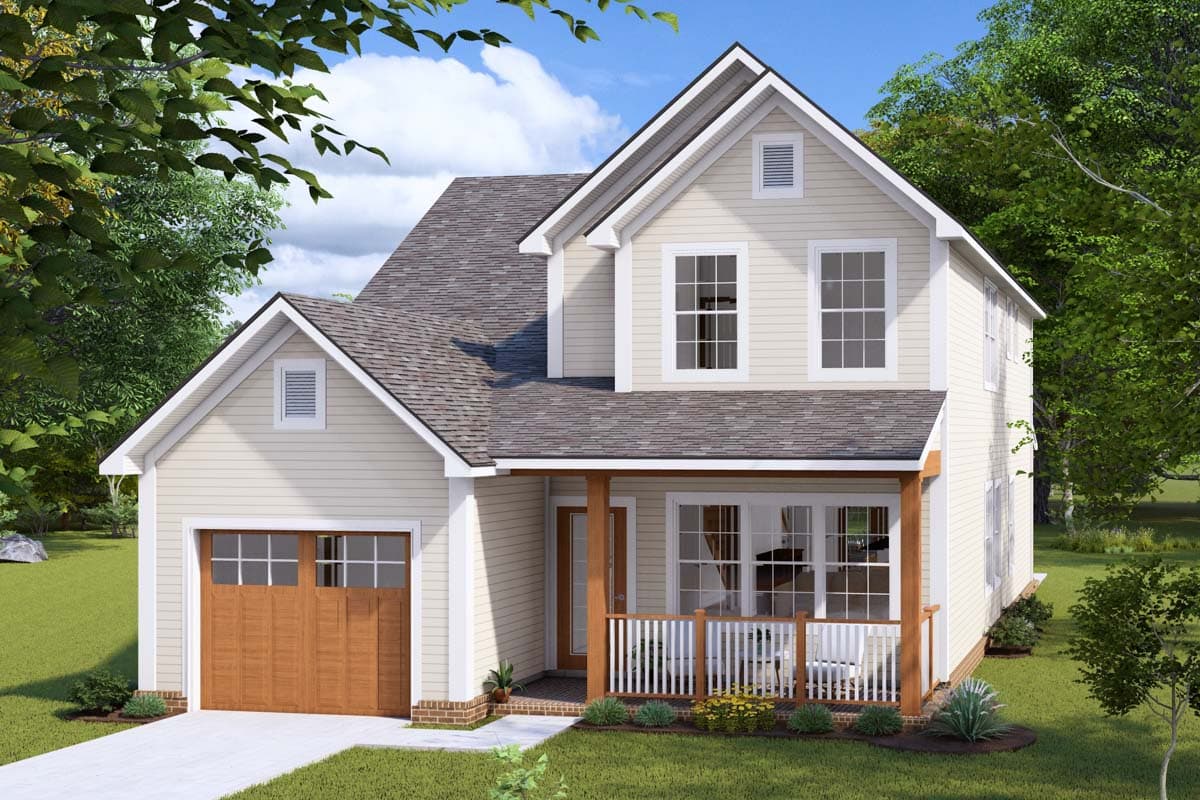 House plan exterior. Two-story Craftsman home with a front porch, gables, and an attached garage with carriage-style door.