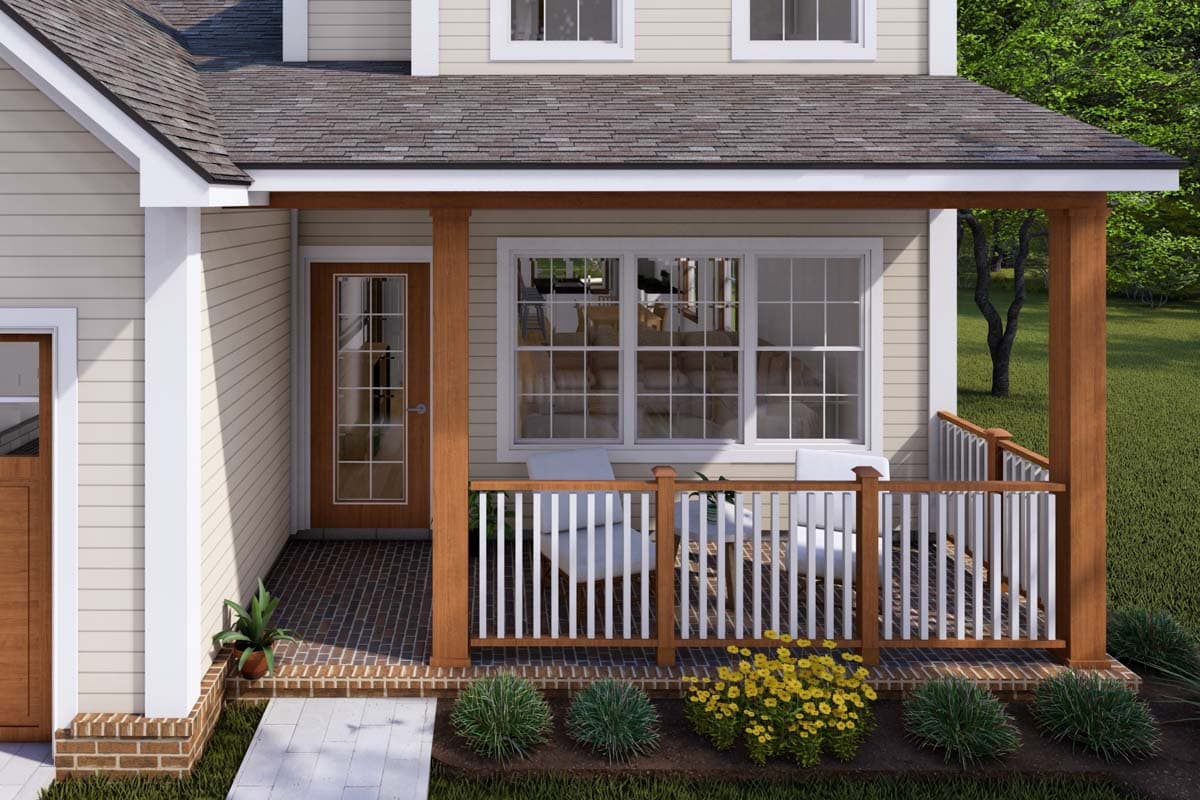 House plan exterior featuring a covered porch with wooden posts, white railing, and a glass-paneled door.