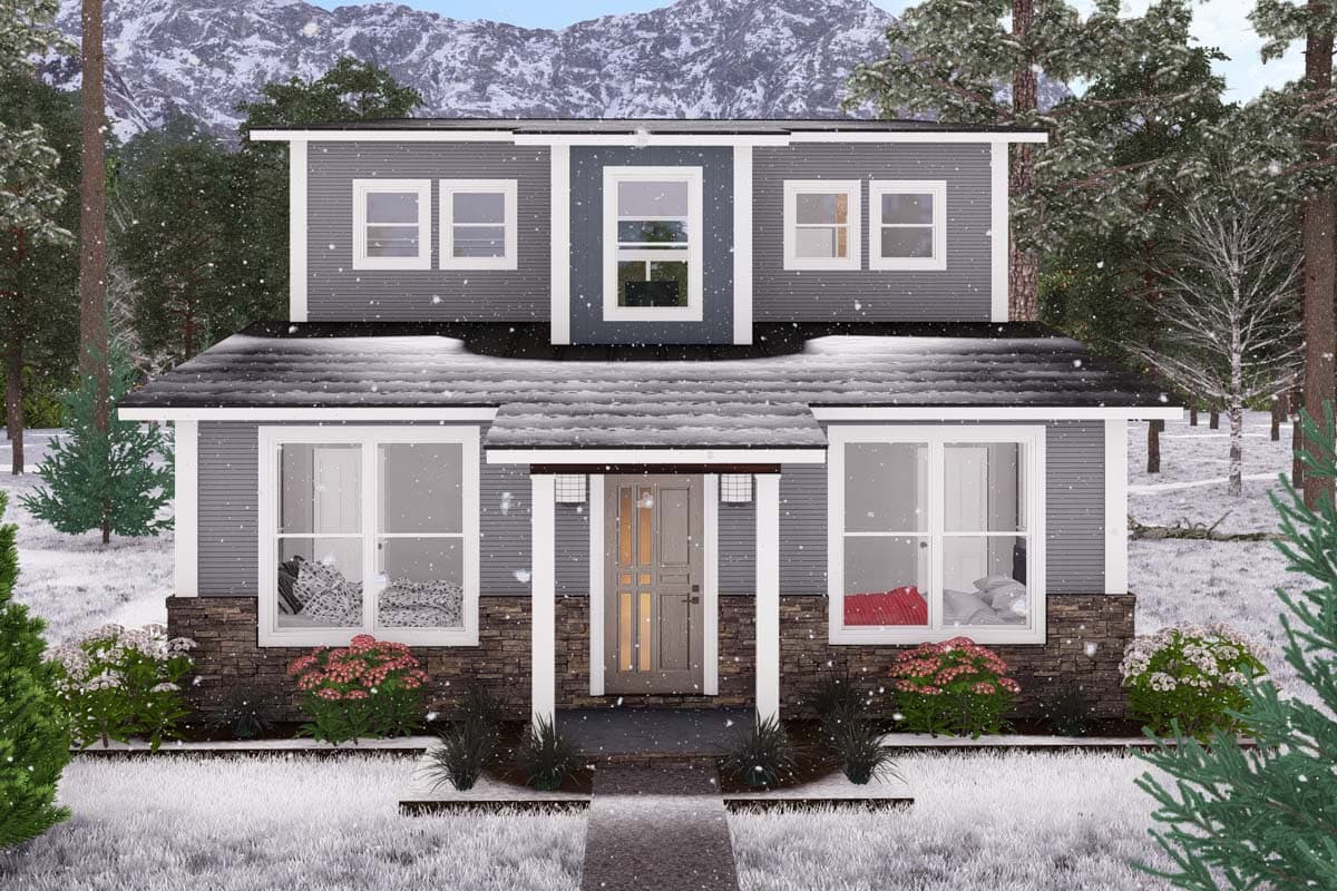 House plan exterior: Two-story modern home with stacked gables, stone wainscoting, a covered entry porch, and dormer window.